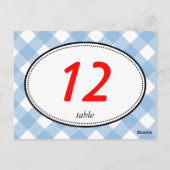 Blauwe gingham land rustieke trouwtafel nummer briefkaart (Achterkant)
