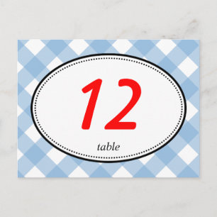 Blauwe gingham land rustieke trouwtafel nummer briefkaart