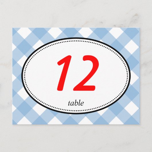 Blauwe gingham land rustieke trouwtafel nummer briefkaart (Voorkant)