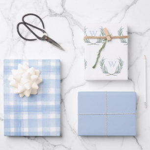 Blauwe gingham Laurel Crest Wrapping Paper Sheets