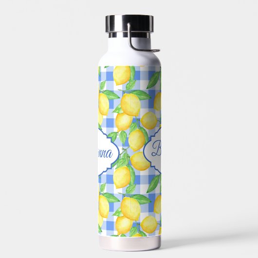 Blauwe Gingham Lemon Naam Picnic Style Waterfles (Links)