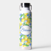 Blauwe Gingham Lemon Naam Picnic Style Waterfles (Voorkant)