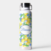 Blauwe Gingham Lemon Naam Picnic Style Waterfles (Achterkant)