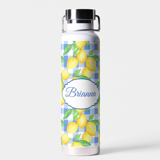 Blauwe Gingham Lemon Naam Picnic Style Waterfles (Achterkant)