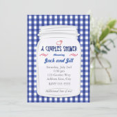 Blauwe Gingham Mason Jar Shower Landelijke Uitnodi Kaart (Staand voorkant)