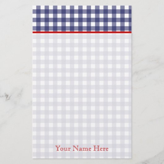 Blauwe gingham met rode gepersonaliseerde schrijfb briefpapier (Voorkant)