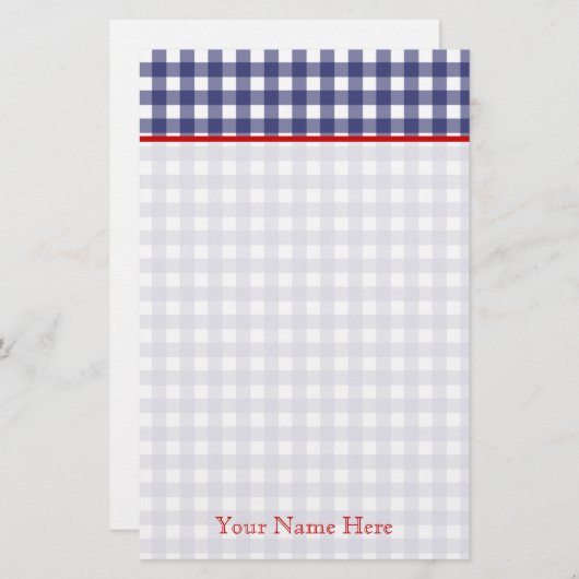 Blauwe gingham met rode gepersonaliseerde schrijfb briefpapier (Voorkant / Achterkant)