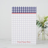 Blauwe gingham met rode gepersonaliseerde schrijfb briefpapier (Staand voorkant)