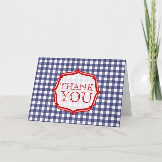 Blauwe gingham met rood - dank u kaart (Voorkant)