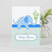 Blauwe Gingham Olifant Baby Shower Kaart (Staand voorkant)