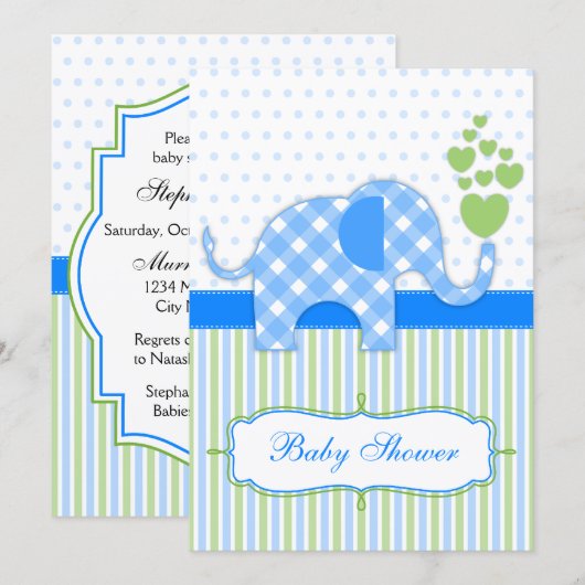 Blauwe Gingham Olifant Baby Shower Kaart (Voorkant / Achterkant)