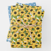 Blauwe Gingham Polka Dots Zonnebloem Bloemen Patro Inpakpapier Vel (In situ)