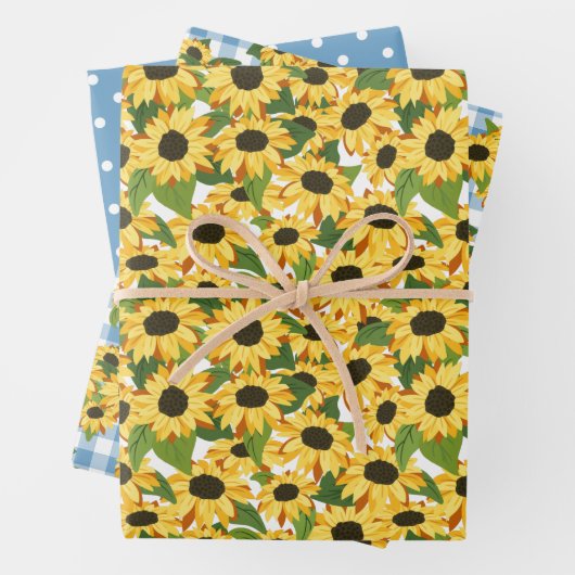 Blauwe Gingham Polka Dots Zonnebloem Bloemen Patro Inpakpapier Vel (In situ)