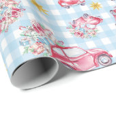 Blauwe Gingham Rode Kerstmis Vintage Auto's Cadeaupapier (Rol Hoek)