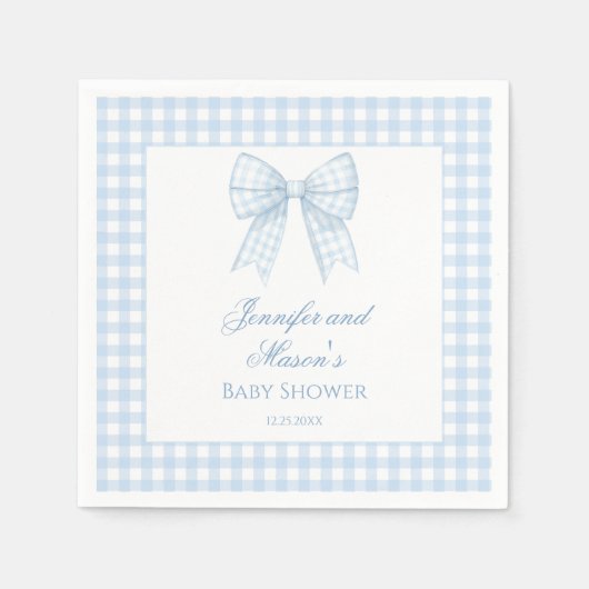 Blauwe gingham strik lint baby boy douche servet (Voorkant)