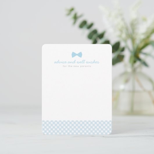 Blauwe gingham stropdas schattig baby shower advieskaart (Staand voorkant)
