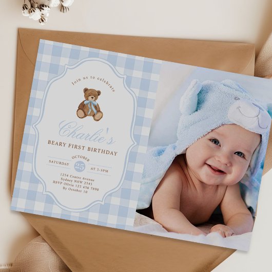 Blauwe Gingham Teddibeer Beary Eerste Verjaardag F Kaart