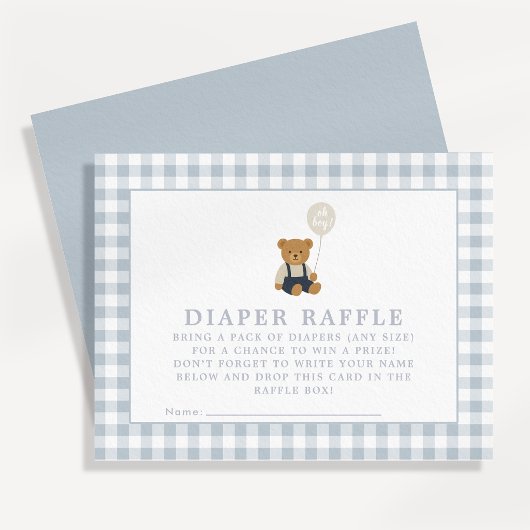 Blauwe Gingham Teddibeer luier raffle kaart