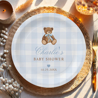 Blauwe Gingham Teddybeer Baby Shower Papieren Bordje
