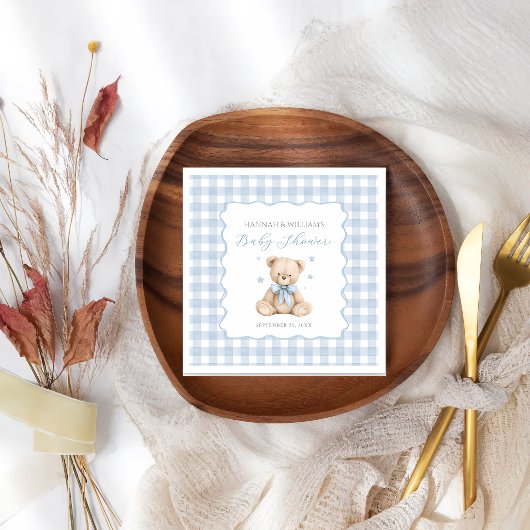 Blauwe Gingham Teddybeer Baby Shower Servetten