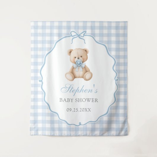 Blauwe Gingham Teddybeer Baby Shower  Wandkleed (Voorkant)