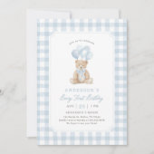 Blauwe Gingham Teddybeer Beary Eerste Verjaardag Kaart (Voorkant)