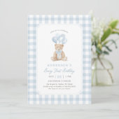 Blauwe Gingham Teddybeer Beary Eerste Verjaardag Kaart (Staand voorkant)