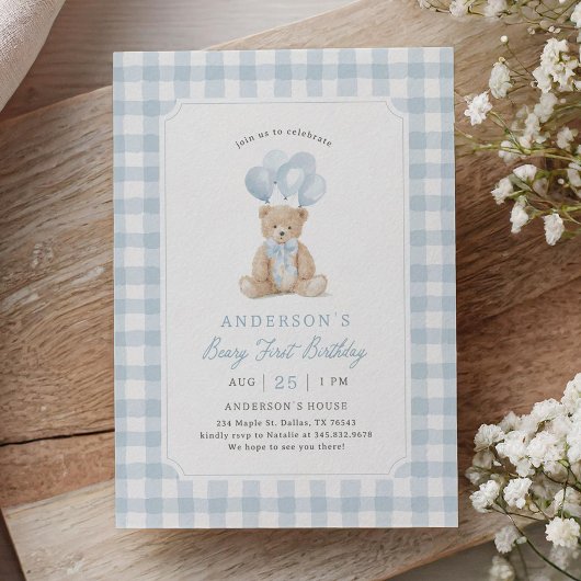 Blauwe Gingham Teddybeer Beary Eerste Verjaardag Kaart