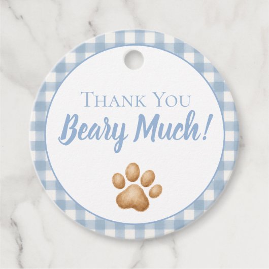 Blauwe Gingham Teddybeer Bedankjes Labels (Voorkant)