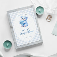 Blauwe Gingham Teddybeer Neutrale Baby Shower