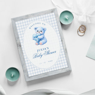 Blauwe Gingham Teddybeer Neutrale Baby Shower Poster