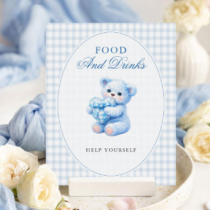 Blauwe Gingham Teddybeer Neutrale Baby Shower Poster