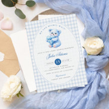 Blauwe Gingham Teddylbeer Neutrale Baby Shower