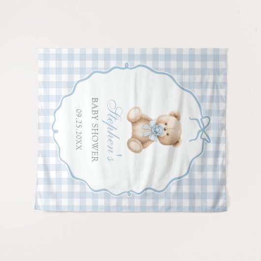 Blauwe Gingham Teddyshower Wandkleed (Voorkant (horizontaal))