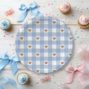 Blauwe Gingham Teddystoel - Bearely Wait Baby Boy Papieren Bordje