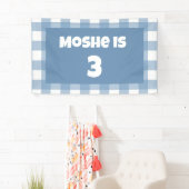 Blauwe gingham verjaardagsbanner spandoek (Insitu)