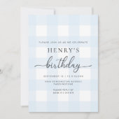 Blauwe Gingham Verjaardagsuitnodiging Kaart (Voorkant)