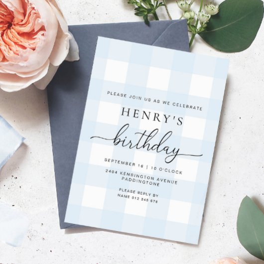 Blauwe Gingham Verjaardagsuitnodiging Kaart