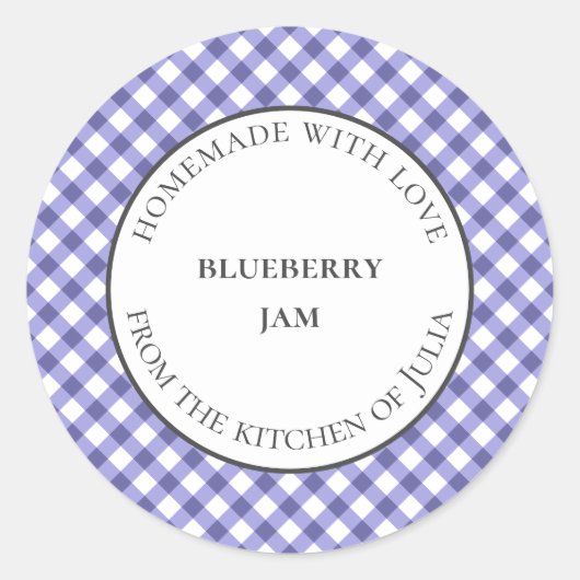 Blauwe gingham voedseljar-labels voor zelfgemaakte ronde sticker (Voorkant)