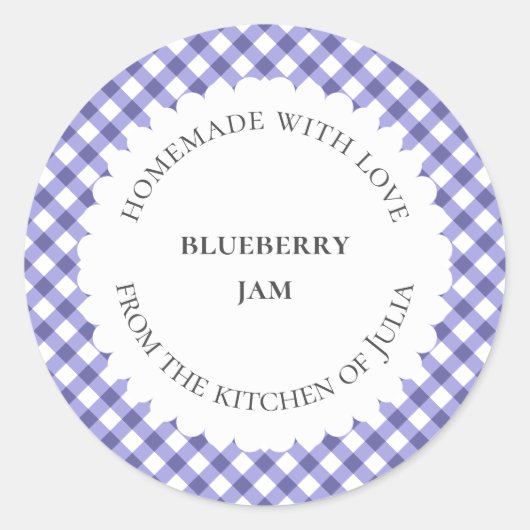 Blauwe gingham voedseljar-labels voor zelfgemaakte ronde sticker (Voorkant)