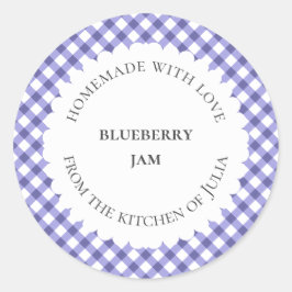 Blauwe gingham voedseljar-labels voor zelfgemaakte ronde sticker