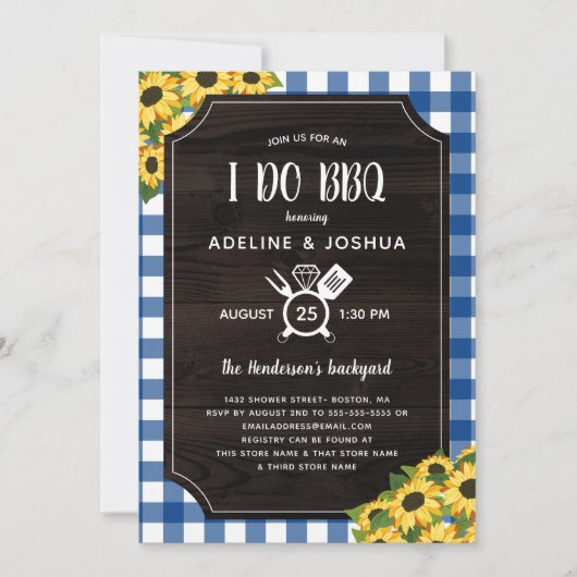 Blauwe Gingham Zonnebloemen Ik doe BBQ Couple's Sh Kaart (Voorkant)