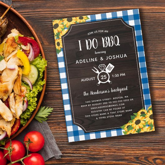 Blauwe Gingham Zonnebloemen Ik doe BBQ Couple's Sh Kaart