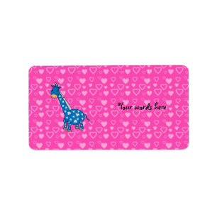 Blauwe giraf roze harten etiket