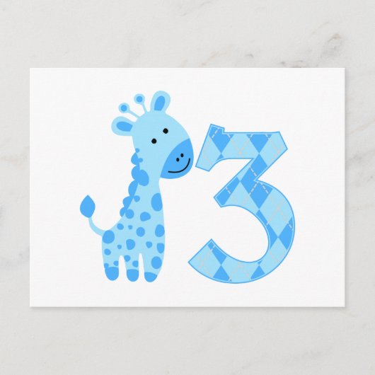 Blauwe Giraffe 3e verjaardag Briefkaart (Voorkant)