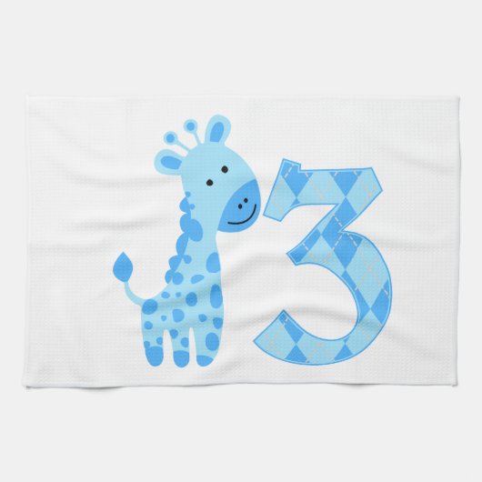 Blauwe Giraffe 3e verjaardag Theedoek (Horizontaal)