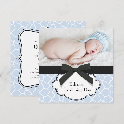 Blauwe Giraffe Baby Boy Foto doop Kaart (Voorkant / Achterkant)