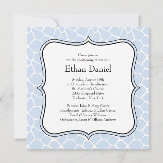 Blauwe Giraffe Baby Boy Foto doop Kaart (Achterkant)