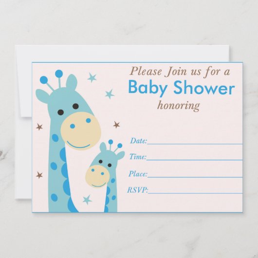 Blauwe giraffe babyshower uitnodiging (Voorkant)