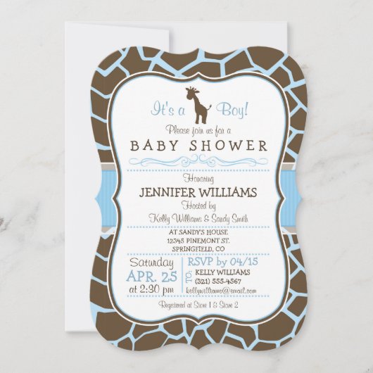 Blauwe Giraffe Print Jongen Baby shower Uitnodigin Kaart (Voorkant)